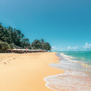a sandy beach next to the ocean under a blue sky
